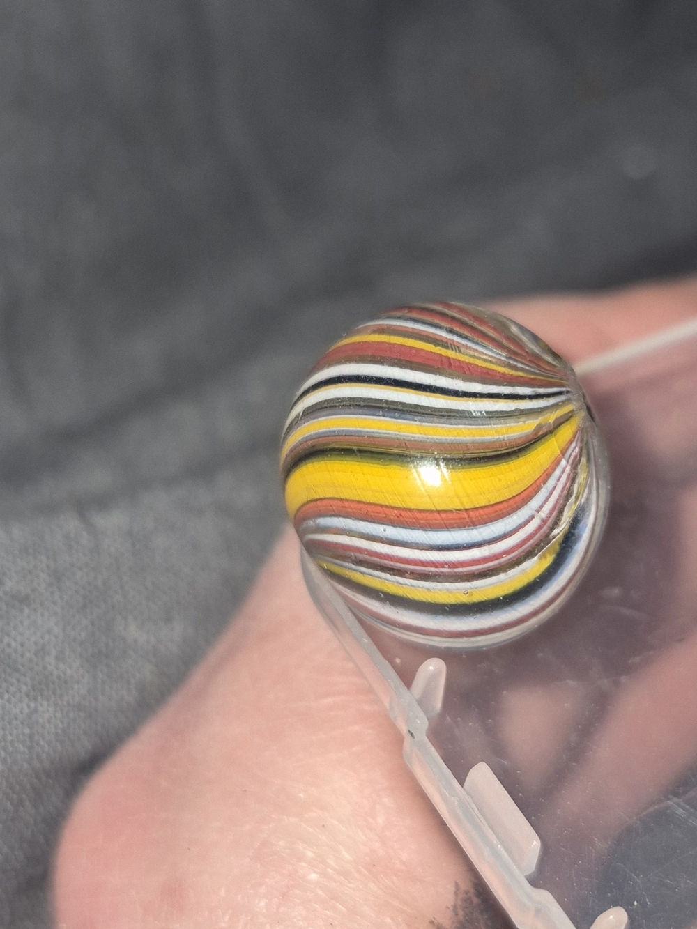 Antique Handmade Swirl Marble, Yellow Red White Bands, Pontil